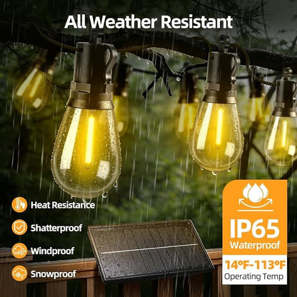 Solar Lights Outdoor, 40FT S14 LED IP65 Waterproof Patio Lights | 13 Shatterproof Edison Bulbs Hanging Light, Solar or USB Charging, 3 Lighting Modes for Backyard Porch Party Decor Warm White