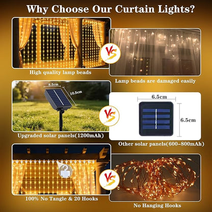Solar Curtain Lights Outdoor Waterproof, 300LED 9.8x9.8FT Fairy String Lights with USB-C & Solar Charging, Remote Timer Twinkle Waterfall Lights for Patio Garden Wedding Decor (Warm)