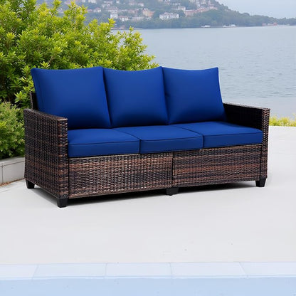 3-Seat Outdoor Sofa, PE Rattan, Blue | High Back Support,Deep Seat Comfort,All-Weather Cushions,For Patio/Garden/Deck,Modern Style