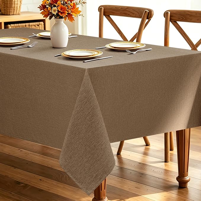 Decorelia Faux Linen Farmhouse Table Cloth 60"x144" for 10 ft Rectangle Table, Coffee Waterproof Outdoor Washable Tablecloth for Rectangular Dining Room Kitchen Outdoor Party Restaurant Table