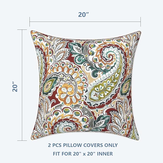 LVTXIII Outdoor/Indoor Pillow Covers, Patio Fade Resistant Throw Pillow Covers ONLY, Waterproof Farmhouse Accent Cushion Cases for Sofa Patio Couch Decoration 20"x20" Set of 2, Paisley Chilli