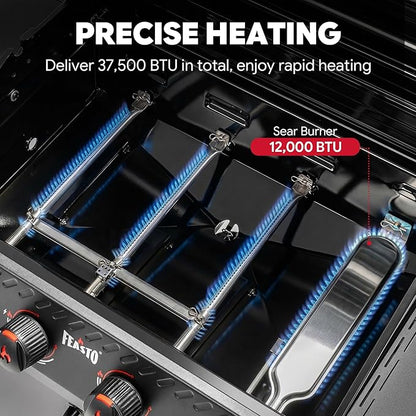 Feasto 4-Burner Propane Gas Grill w/Sear & Side Burner, Porcelain-Enameled Main Body and Lid, 49,500 BTU Outdoor BBQ Grill, 563 Sq. In. Cooking Area, Cabinet Storage, Backyard Patio Grill, Black