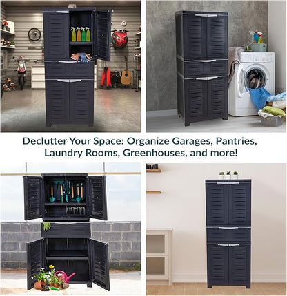 Sunnydaze 57" H Resin Garage Storage Cabinet - Garage Cabinet with 2 Adjustable Shelves - Freestanding Utility Storage for Laundry Room, Office, Basement - Charcoal