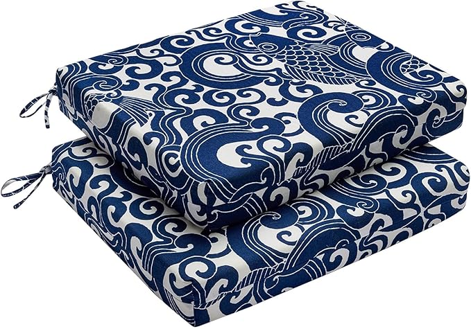 downluxe Outdoor Chair Cushions Set of 2 for Patio Furniture, Water-Resistant Square Corner Patio Chair Cushions with Ties, High Density Foam Outdoor Seat Cushion, 18.5" X 16" X 3", Blue Carp