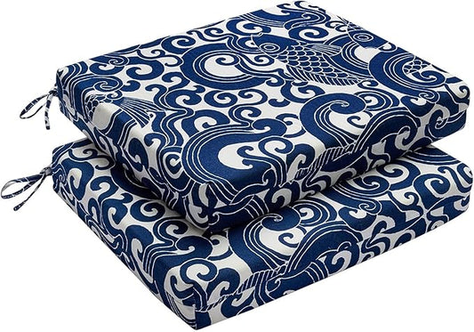 downluxe Outdoor Chair Cushions Set of 2 for Patio Furniture, Water-Resistant Square Corner Patio Chair Cushions with Ties, High Density Foam Outdoor Seat Cushion, 18.5" X 16" X 3", Blue Carp