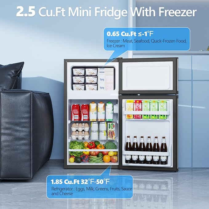 Electactic 2.5 Cu.Ft Mini Fridge with Freezer, Double-Door Compact Refrigerator, Adjustable Glass Shelves, Mechanical Thermostat & Leveling Feet, Space-Saving for Apartment/Dorm/Office, Silver