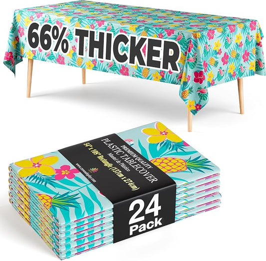 Exquisite 66% Thicker Summer Tablecloth 24 Pack - Luau Hawaiian Tropical Plastic Tablecloth Rectangle 54x108 Inch - Disposable Table Cover - Flamingo Pineapple Palm Leaf Beach Pool Tiki Aloha Party