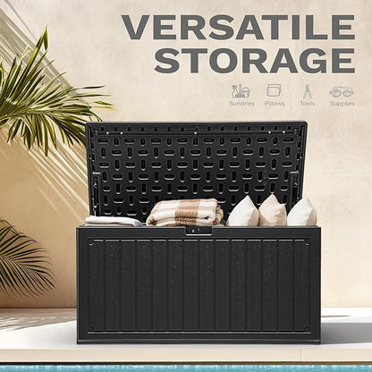 DWVO 90 Gallon Resin Outdoor Storage Box, XXL Double-Wall Waterproof Deck Box, Doubles as Table or Seating with 450 lbs Capacity, Lockable (Black)