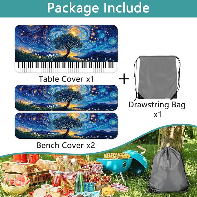 Piano Keyboard Picnic Table Cover with Bench Covers, Camping Essentials, Whirlpool Star Tree Flower Waterproof Windproof, Fitted Tablecloth Cover with Elastic Edge for Outdoor Garden 3 PCS 30x96 Inch