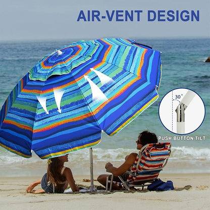 AMMSUN 8 Feet Large Beach Umbrella with Sand Anchor Heavy Duty High Wind Portable Outdoor Umbrellas UV 50+ Protection Air Vent Tilt Patio Garden Pool