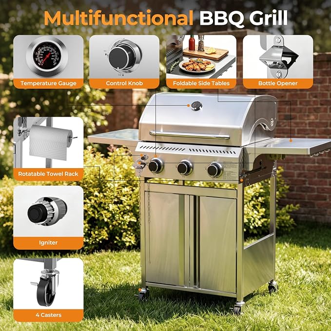 Kismile 3 Burner Propane Gas Grill, 24,000 BTU Stainless Steel BBQ Grill | Foldable Side Tables & Porcelain-Enameled Grates, Barbecue Grill with Wheels for Outdoor Cooking, Camping, Patio