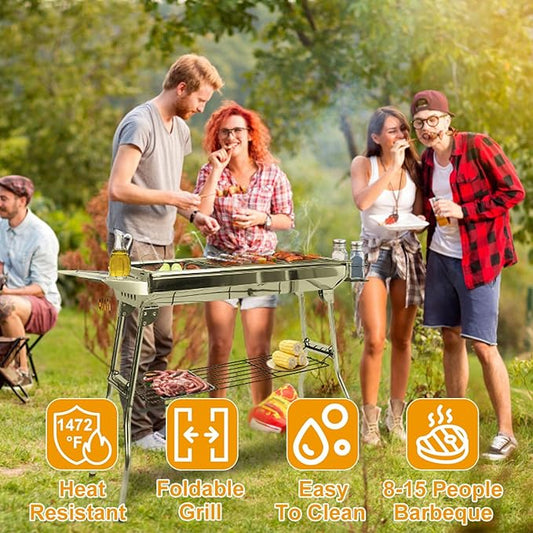 TeqHome Portable Charcoal Grill, Upgraded Folding Large Barbecue Charcoal Grill W/Board Shelf & Flavoring Storage Basket, Stainless Steel Frame, for 8 People Picnic Garden Terrace Camping Travel Use