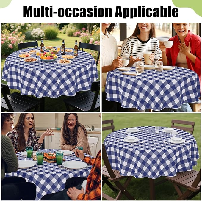 Smiry Picnic Table Cloth, Vinyl Tablecloths with Flannel Backing, 60" Round | Waterproof Picnic Table Cloth, Wipeable Buffalo Plaid Table Cover for Indoor and Outdoor (Navy & White)