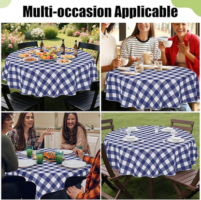 Smiry Picnic Table Cloth, Vinyl Tablecloths with Flannel Backing, 60" Round | Waterproof Picnic Table Cloth, Wipeable Buffalo Plaid Table Cover for Indoor and Outdoor (Navy & White)