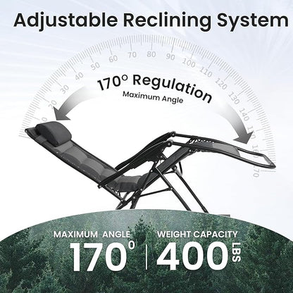 Zero Gravity Chair Oversized Padded Recliner with Adjustable Headrest & Cup Holder - XL 600D Oxford Folding Lounge Chair for Outdoor Camping, Patio, Poolside (Upgraded Black & Gray)