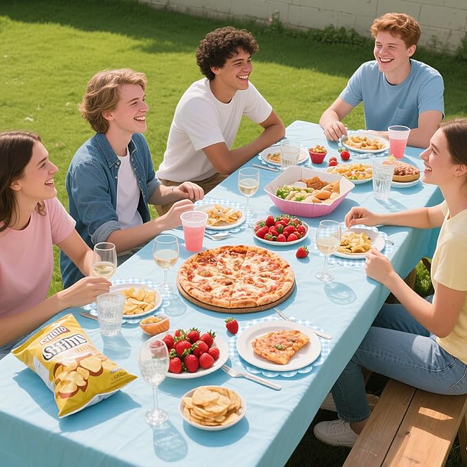 100Pcs Checkered Paper Placemats Light Blue Gingham Place Mats 13.5 Inch Disposable Round Decorative Dining Table Mat with Scalloped Edge Paper Cutouts Decor for Summer Picnic BBQ Table Party Supplies