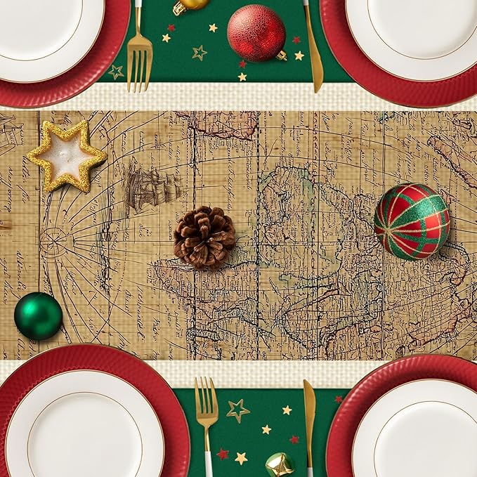 World Map Table Runner,Dining Decor for Kitchen Coffee Table Family Dinners Holiday Parties Wedding Events Decor(13x72 inch)