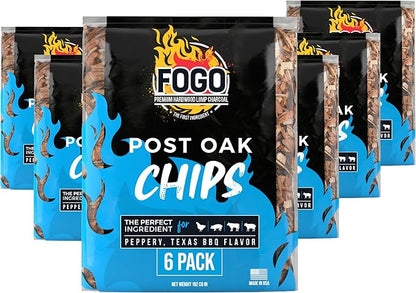 FOGO Post Oak Wood Chips for Grilling and Smoking, Bold Texas BBQ Flavor for Charcoal and Gas Grills, Made in USA, 1.4 lb Bag, 6-Pack