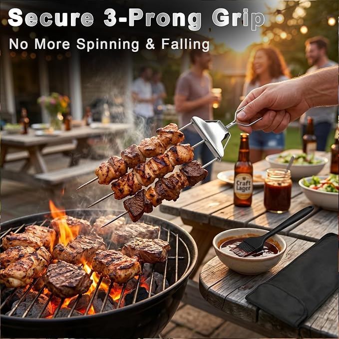 Skewers for Grilling, 3 Way Stainless Steel Grill Skewers with Push Slider & Bag, Reusable for Outdoor Camping