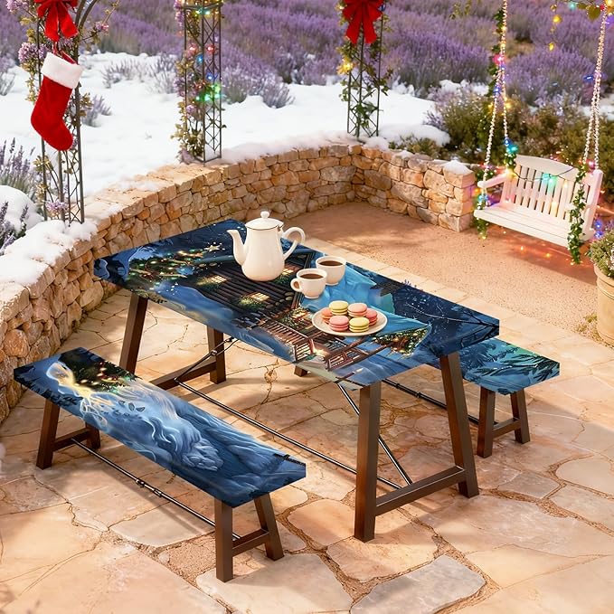 Christmas Picnic Table Cover with Bench Cover, Outdoor Picnic Table Elastic Tablecloth, Green Santa Claus and Reindeer Design, Camping, Barbecue and Holiday Party Tablecloth