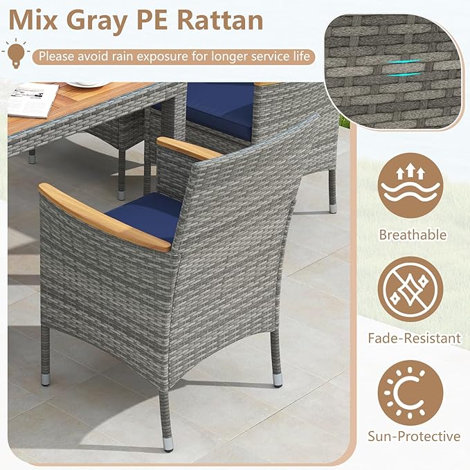 COSTWAY 9-Piece Patio Dining Set for 8, Outdoor Rattan Wicker Table and Chairs Furniture Set with Umbrella Hole, Acacia Wood Tabletop for Backyard, Balcony, Poolside, Grey & Navy