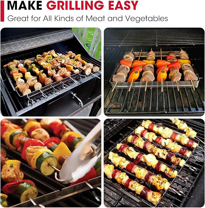 Unicook Stainless Steel BBQ Shish Kabob Set, Foldable Shish Kabob Holder with 6pcs 13"L Skewers, Reusable Grill Rack, Comes with 30pcs 12.5"L Bamboo Skewers for Party and Cookout