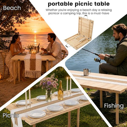 60" x 30" Boho Low Picnic Table, Foldable Solid Wood Construction | Beach Table with Tablecloth & Adjustable Legs, Indoor & Outdoor Use for Beach, Camping, BBQ, Wedding & Warm Family Gatherings