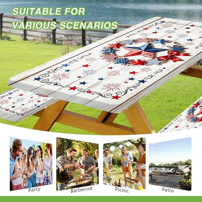 JAWO 4th of July Picnic Table Cover with Bench Covers, Rustic White Wood Patriotic Star Camper RV Essentials Gear Supplies Outdoor Waterproof Windproof Tablecloth with Elastic, 30X72in
