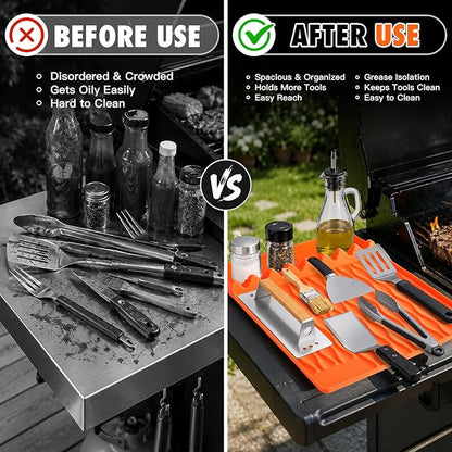 Blackstone Silicone Grill Mat BBQ Griddle Tool Mat Heat Resistant Spatula Mat with Drip Pad Side Mat for Blackstone Griddles Accessories Outdoor Kitchen Grills Countertop Protector Organizer (Orange)
