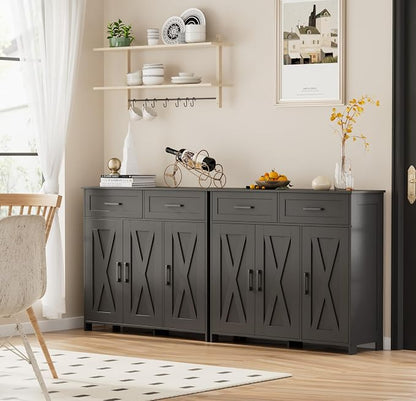 Homhedy Coffee Bar Storage Cabinet with Drawers, Kitchen Buffet Cabinet | Sideboard Cabinet with Doors, Farmhouse Buffet Cabinet, Adjustable Shelves, for Kitchen / Dining / Living Room, Black