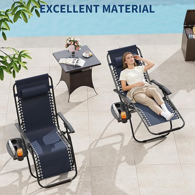 Garvee Zero Gravity Chair Set of 2, Patio Lounge Chair Outdoor with Pillow & Cup Holder Tray, Adjustable Reclining Chair, Folding Portable Camping Chair for Deck, Beach, Yard, Garden - Navy Blue