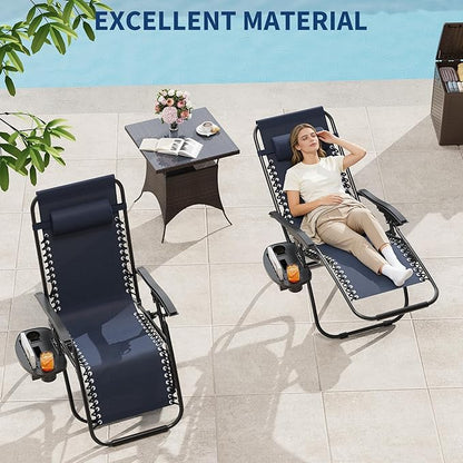 Garvee Zero Gravity Chair Set of 2, Patio Lounge Chair Outdoor with Pillow & Cup Holder Tray, Adjustable Reclining Chair, Folding Portable Camping Chair for Deck, Beach, Yard, Garden - Navy Blue