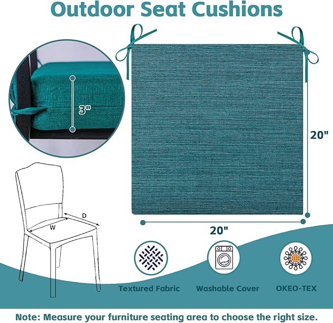 COZYVIDA Outdoor Chair Cushions Set of 4, 20"x20" Square Seat Pads with Tie Straps and YKK Zippers, 30D High-Density Foam, Water-Resistant Fabric,UV-Resistant 1000+ Hrs,Malachite