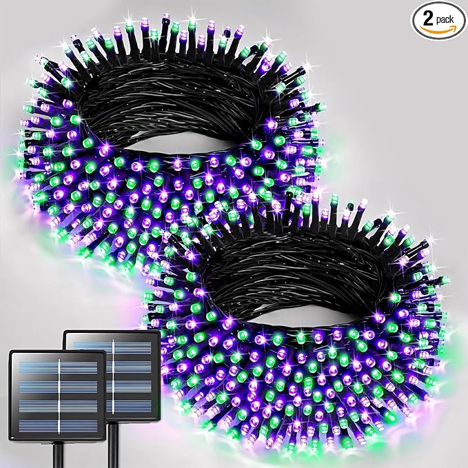 JMEXSUSS 2 Pack Solar Halloween Lights, Tot. 400LED 151FT, Purple and Green | Outdoor Waterproof, 8 Modes Solar String Lights for Outside Patio Yard Garden Tree Decorations