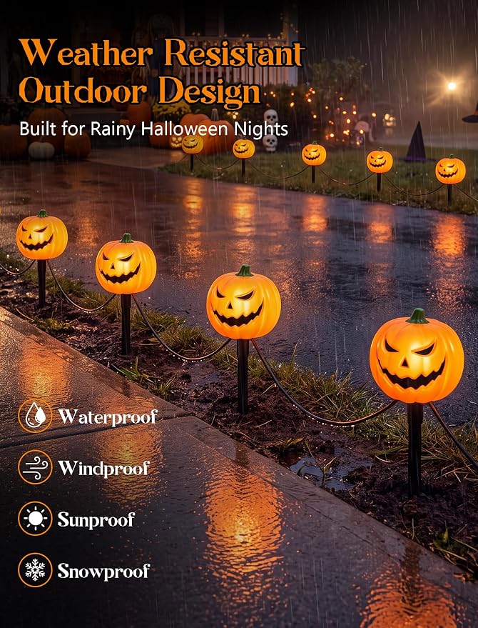 7FT Outdoor Halloween Pathway Lights, Set of 4 Smiley Pumpkin Stakes Lights | Waterproof, Connectable Halloween Pumpkin Sidewalk Lights Plug in for Garden Yard Lawn Walkway Driveway Halloween Decorations