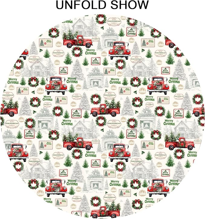 Xmas Red Truck Table Cloth Round Newbridge Green Xmas Pine Hill Tree Tablecloth 60 Inch Decor Washable Stain and Wrinkle Resistant Winter Round Table Cover for Dining Picnic