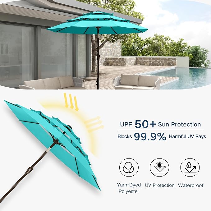 10FT Patio Umbrella 3 Tiers Outdoor Market Umbrella w/Push Button Tilt, Crank, UV and Waterproof Table Umbrella for Garden, Pool, Backyard, Deck, Lawn, Aqua Blue