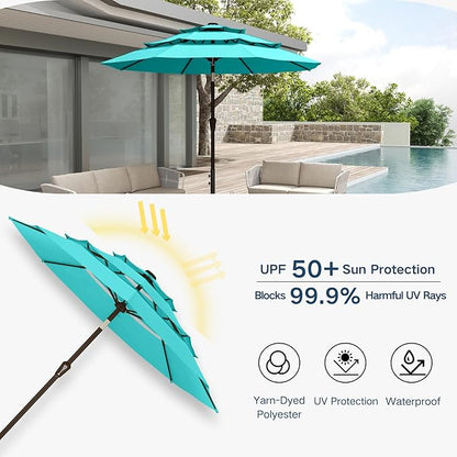 10FT Patio Umbrella 3 Tiers Outdoor Market Umbrella w/Push Button Tilt, Crank, UV and Waterproof Table Umbrella for Garden, Pool, Backyard, Deck, Lawn, Aqua Blue