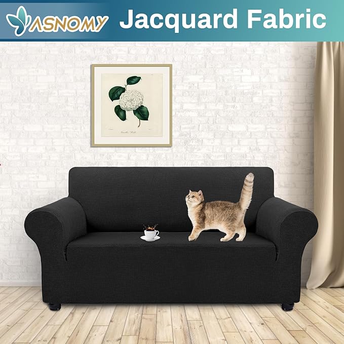 Asnomy Stretch Couch Covers Washable,loveseat Cover Slipcovers,Black | 1-Piece Sofa Cover(55"-78") loveseat cover Furniture Protector Soft Jacquard,Non-Slip Elastic Bottom for Dogs & Kids