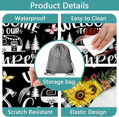 Sunflower Plaid Picnic Table Cover with Bench Covers and Bag, Camping Essentials, Checkered Floral Waterproof Windproof, Fitted Tablecloth Cover with Elastic Edge, Garden & Outdoor, 3 PCS, 30x96 Inch