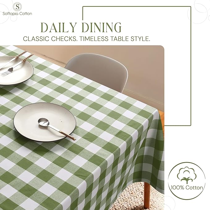 Mint Green and White Buffalo Check Tablecloth, 52x70 Inches, Plaid Table Cover, 100% Cotton, Washable, Reusable Farmhouse Tablecloth for Holidays, Parties, Weddings, Everyday Use