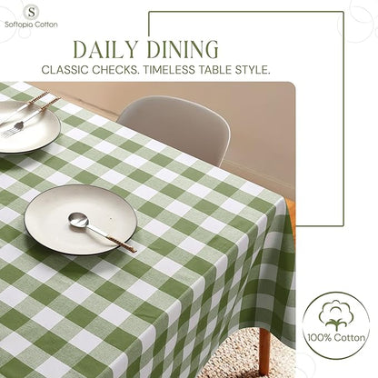 Mint Green and White Buffalo Check Tablecloth, 60x102 Inches, Plaid Table Cover, 100% Cotton, Washable, Reusable Farmhouse Tablecloth for Holidays, Parties, Weddings, Everyday Use