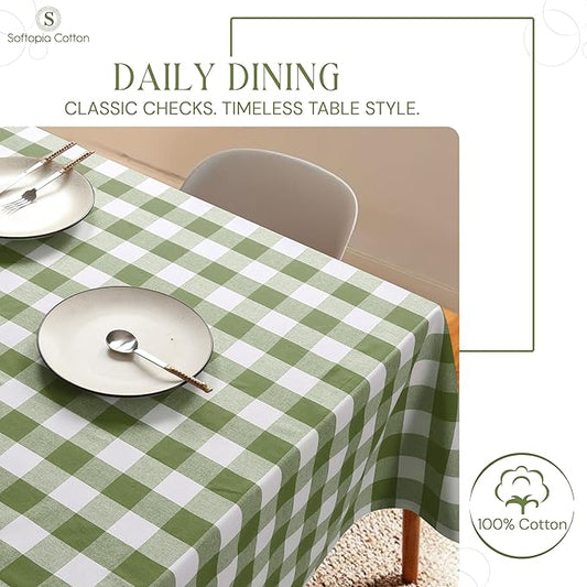 Mint Green and White Buffalo Check Tablecloth, 60x84 Inches, Plaid Table Cover, 100% Cotton, Washable, Reusable Farmhouse Tablecloth for Holidays, Parties, Weddings, Everyday Use