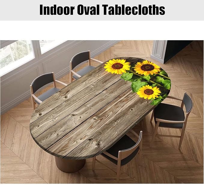 Autumn Sunflower Fitted Tablecloths Oval, Sunflower on The Wooden Floor Background Elastic Edged Table Cloths, Fits to 60"X84" Oblong Tables, Washable Table Cover for Thanksgiving Day Dinner Party