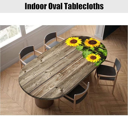 Autumn Sunflower Fitted Tablecloths Oval, Sunflower on The Wooden Floor Background Elastic Edged Table Cloths, Fits to 60"X84" Oblong Tables, Washable Table Cover for Thanksgiving Day Dinner Party