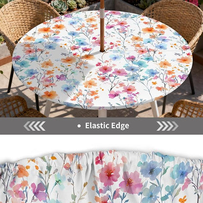 Outdoor Tablecloth with Umbrella Hole and Zipper Fits 45-48" Tables | Waterproof Round Fitted Tablecloth with Elastic Edge, Wipeable Outdoor Table Cover for Patio, Garden, Picnic