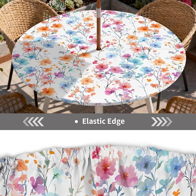 Outdoor Tablecloth with Umbrella Hole and Zipper Fits 49-52" Tables | Waterproof Round Fitted Tablecloth with Elastic Edge, Wipeable Outdoor Table Cover for Patio, Garden, Picnic