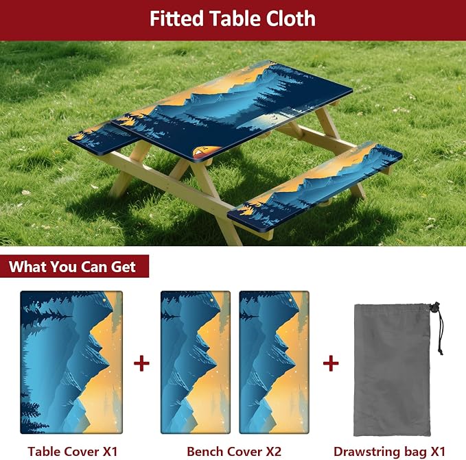 6ft 72in Picnic Table and Bench Cover, 3 Pack, Lakeside Ember | Drawstring Bag, Waterproof Windproof, Elastic Fitted Edges Tablecloth, for Rectangle Table & Seat, Camping Essentials RV Gear