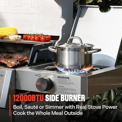 Monument Grills 4+1 Burner Stainless Steel 525 sq.in Propane Gas Grill Mesa 2, 49,000 BTU, 500°F in 5 Mins, Outdoor Patio Grill, Broil Zone, 1 Side Burner and 1 Foldable Side Shelf, with Grill Cover