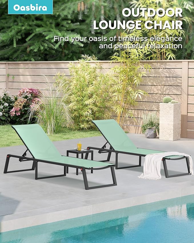 Aluminum Chaise Lounge Chair Outdoor, Foldable& No Assembly Patio Pool Lounge Chairs 5-Position Recliner for Outside, Fully Grounded Legs Sun Lounger for Poolside, Light Green